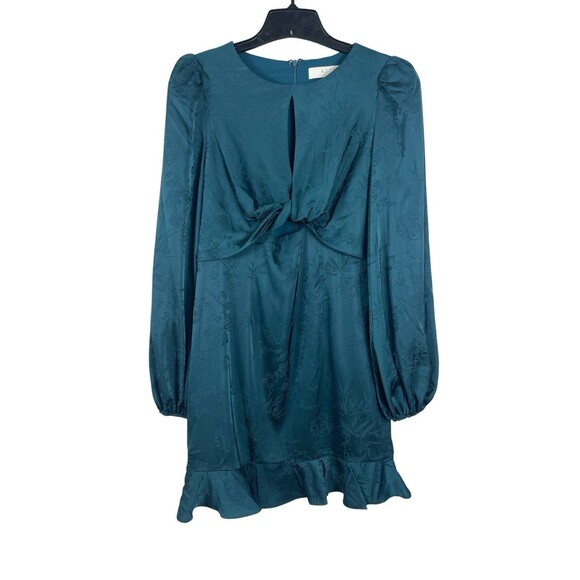 ASTR Dresses & Skirts - ASTR Teal Blue Satin Dress M Long Sleeve Keyholes M Puff Sleeves Twist Bust